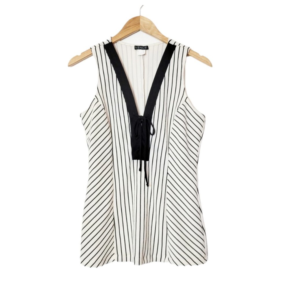 Venus Sleeveless Top Cream and Black Striped Lace Up V Neck Thick Stretchy Tank